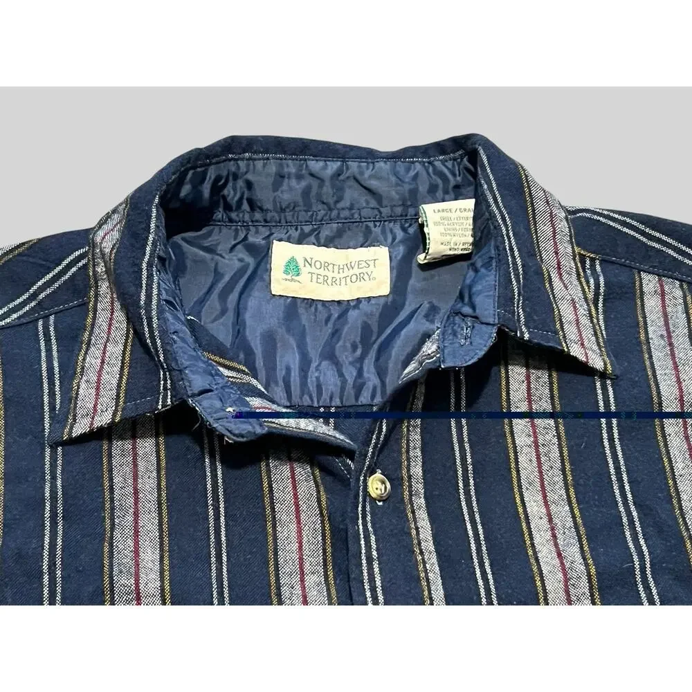 Vintage 90s Flannel Shirt Mens Large Blue Stripe Acrylic Northwest Territory